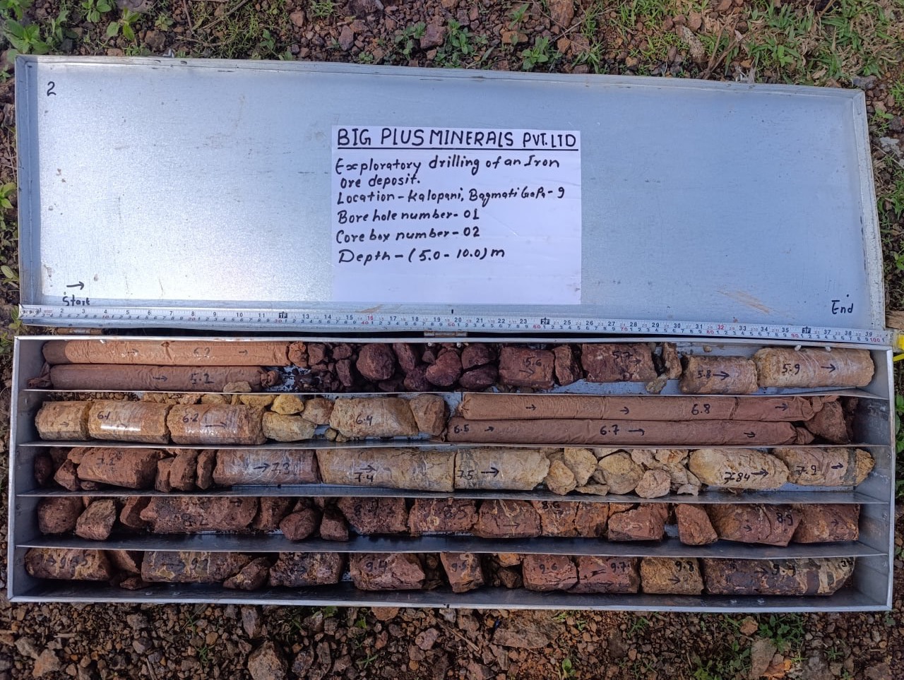 Iron ore exploration drill core samples arranged in a labelled core box