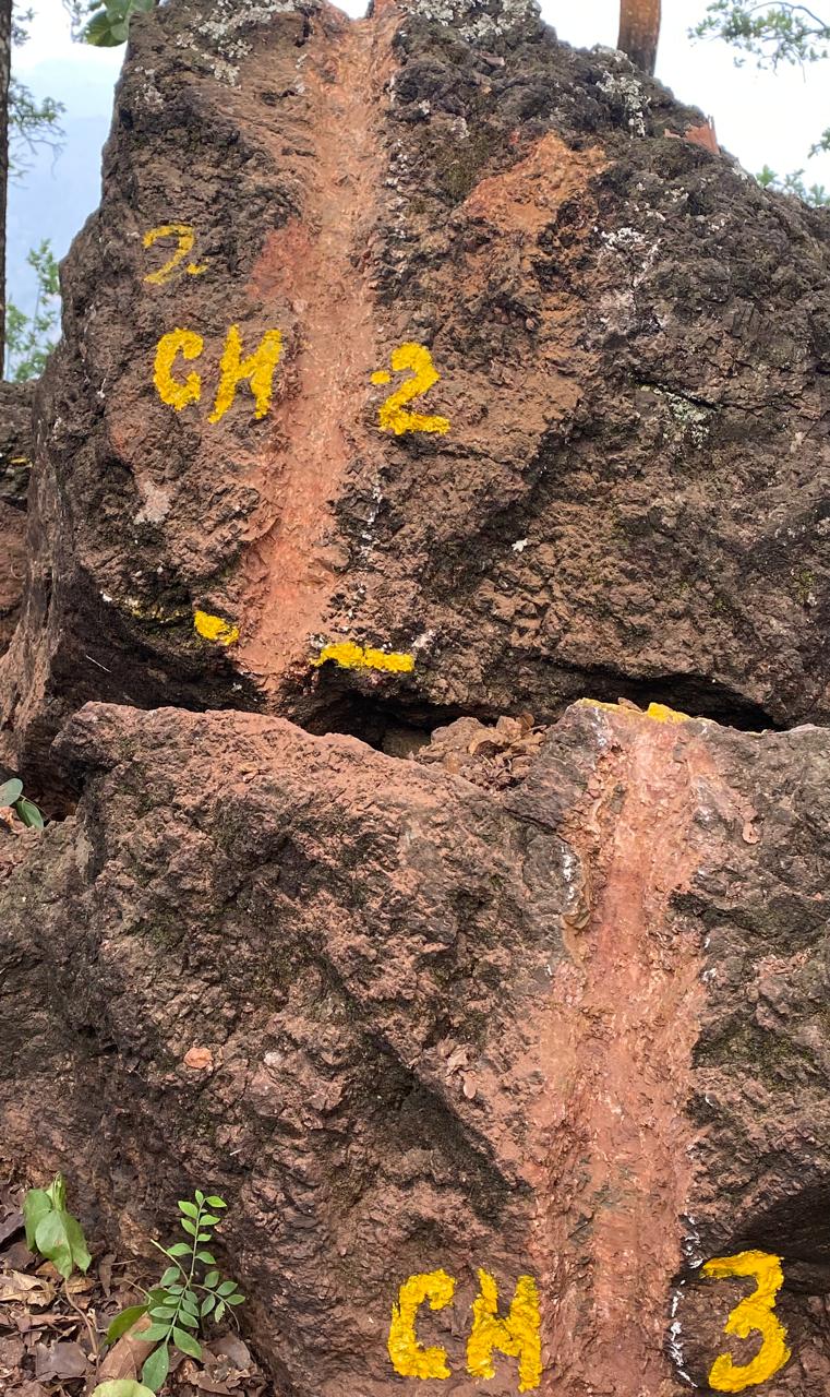 Marked iron prospecting rock face in Bagmati, Makwanpur